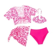 Youmylove Girls 4PCS Swimsuits Heart Printed Bikini Set Bathing Suits With Mesh Skirt